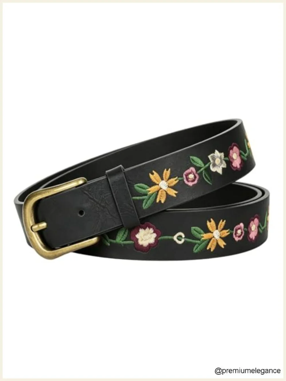 Vintage Floral Embroidered PU Leather Belt with Antique Gold Buckle